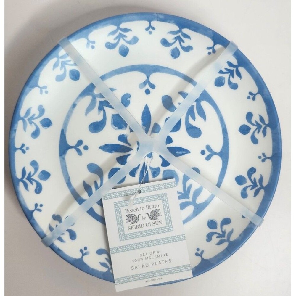 Sigrid Olsen Beach To Bistro Blue Floral Scroll MELAMINE Salad Plates Set Of 4